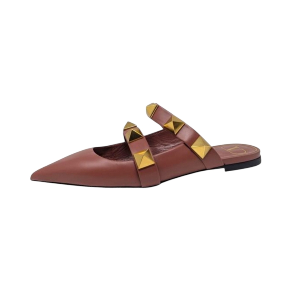 Valentino Garavani Roman Stud Pointed Toe Flat Mule Pink Gold Brown 38 | 7.5